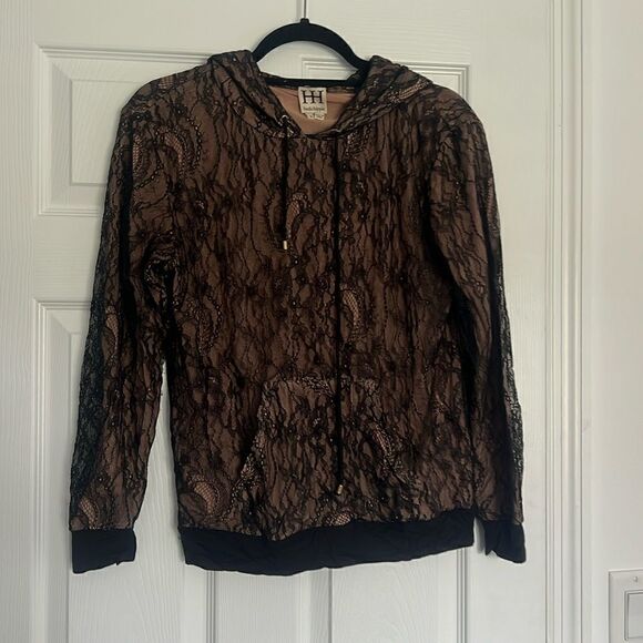 Haute Hippie Black & Tan Lace Hoodie - Sweater Size Small - Front Pocket & Hood - Picture 1 of 6